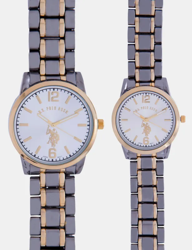 HIS AND HERS TWO TONE CHAIN STRAP WATCH SET made by U.S. Polo Assn.