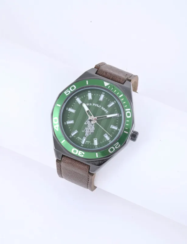 MEN'S BROWN STRAP WITH GREEN DIAL ANALOG WATCH sold by U.S. Polo Assn.