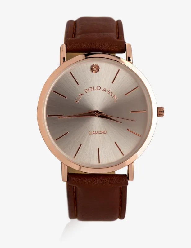 MEN'S BROWN FAUX LEATHER WATCH WITH ROSE GOLD TONE sold by U.S. Polo Assn.
