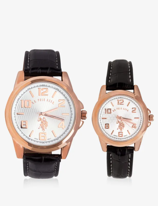 HIS & HERS ROSE GOLD FAUX CROC STRAP WATCH SET made by U.S. Polo Assn.