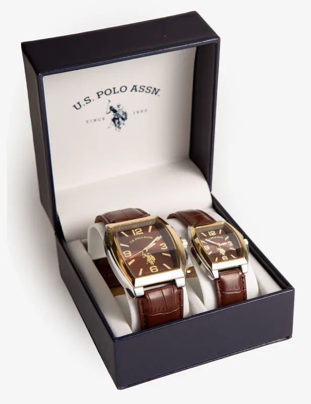 His and Hers Brown Strap Watch Set sold by U.S. Polo Assn.
