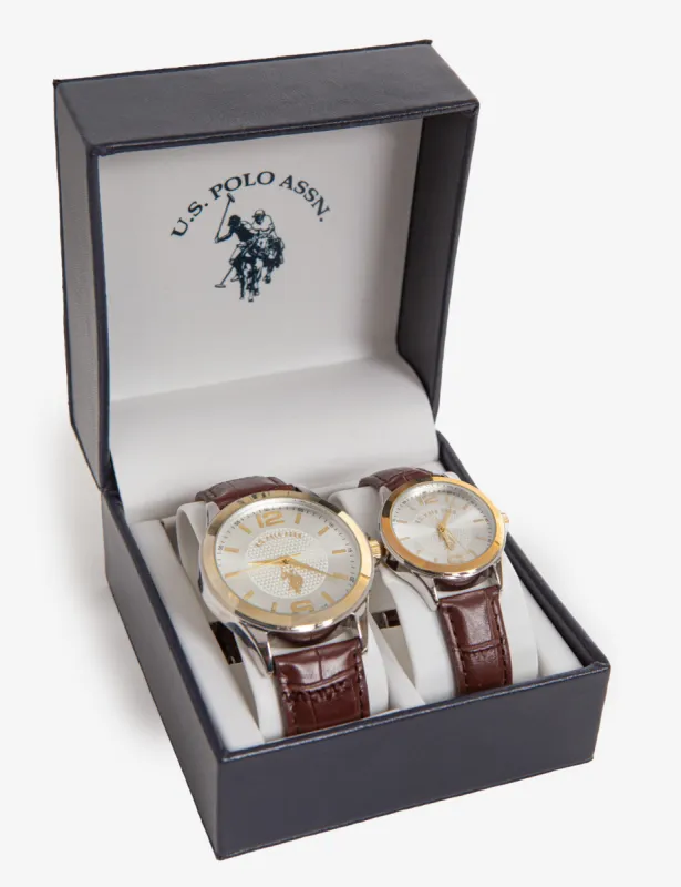 HIS AND HERS CROCODILE STRAP WATCH SET sold by U.S. Polo Assn.