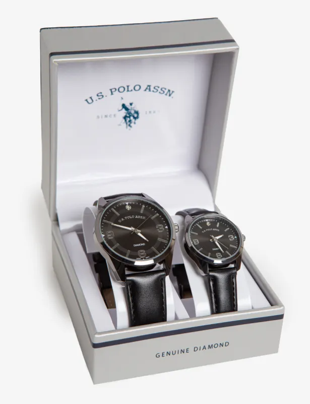 HIS AND HERS BLACK STRAP DIAMOND WATCH SET sold by U.S. Polo Assn.
