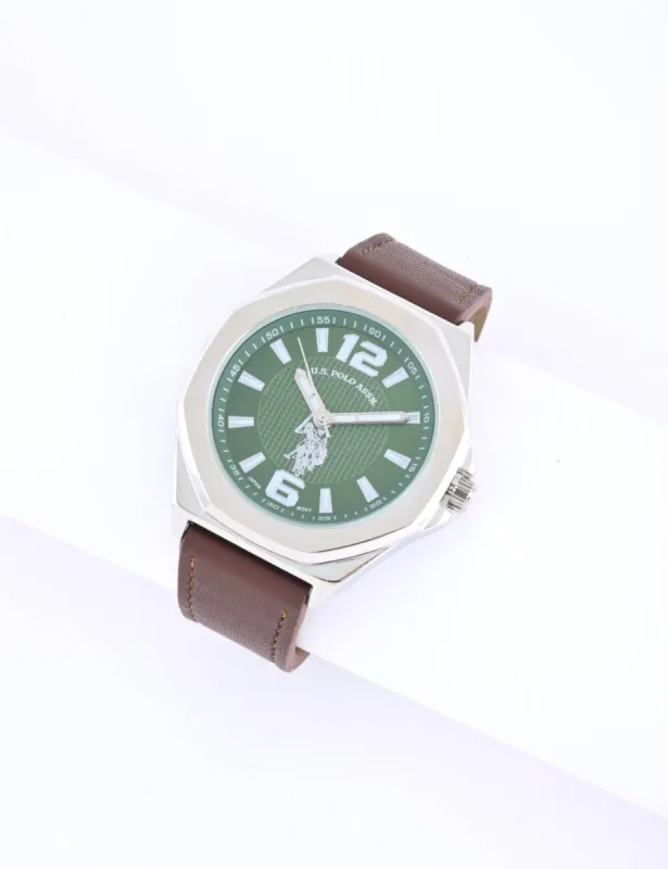 MEN'S BROWN STRAP WITH SILVER CASE ANALOG WATCH sold by U.S. Polo Assn.