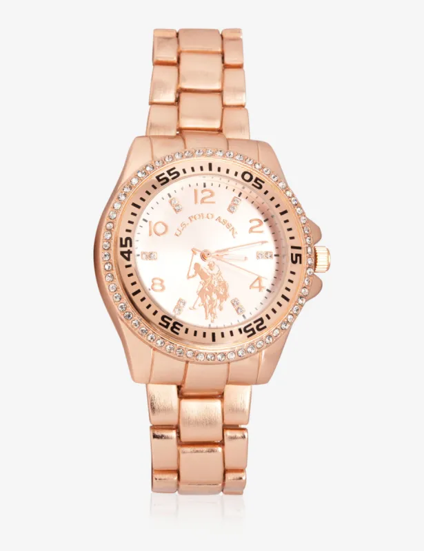 USPA WOMEN'S ROSE GOLD & RHINESTONE STUDDED WATCH made by U.S. Polo Assn.