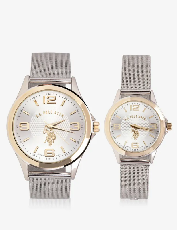 HIS & HERS SILVER MESH STRAP WATCH SET sold by U.S. Polo Assn.
