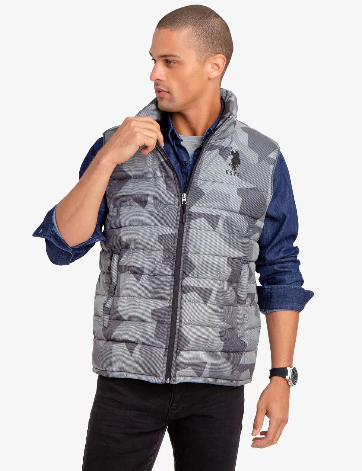 GEOMETRIC CAMO PUFFER VEST sold by U.S. Polo Assn.