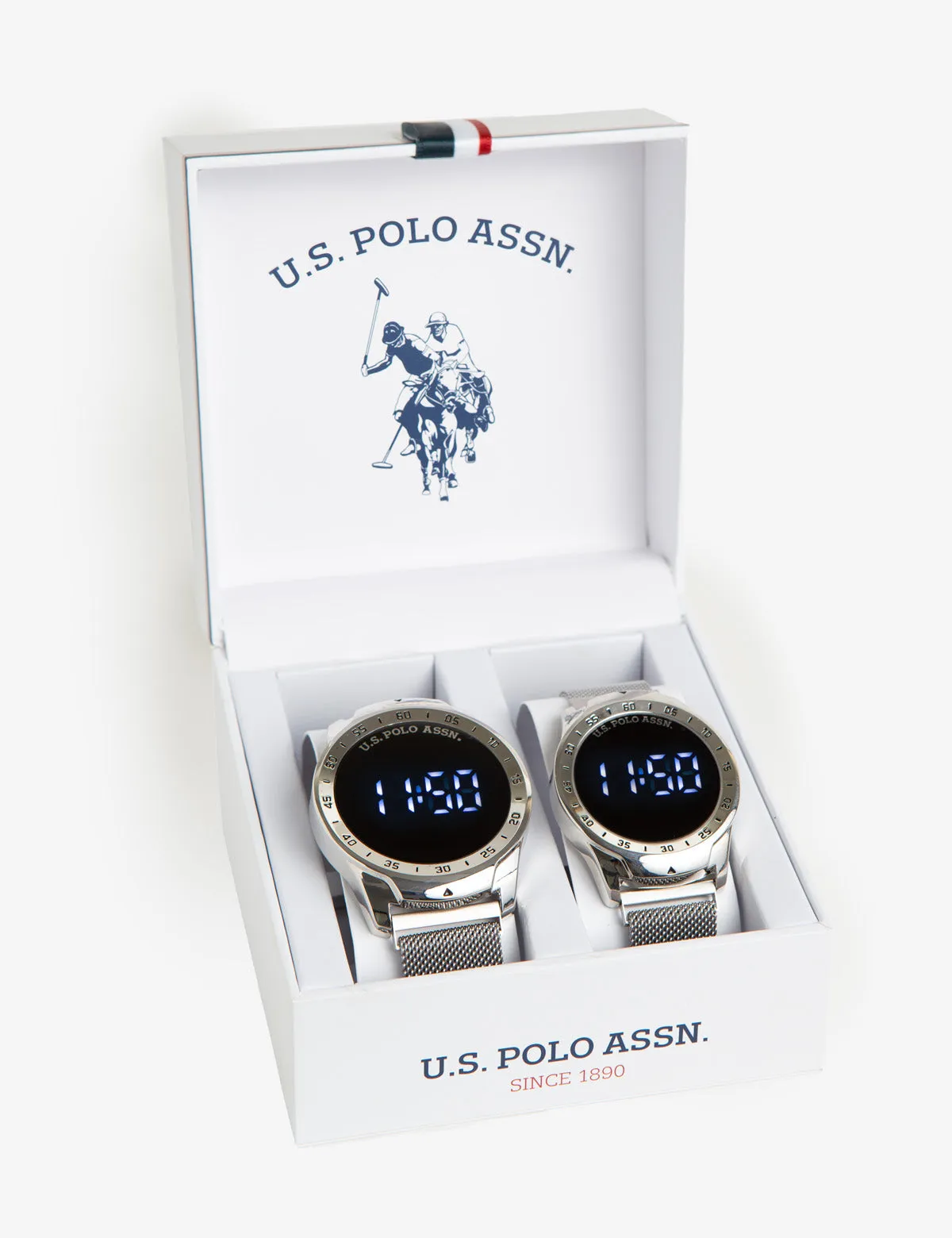 HIS AND HERS SILVER MESH LED WATCH SET sold by U.S. Polo Assn.
