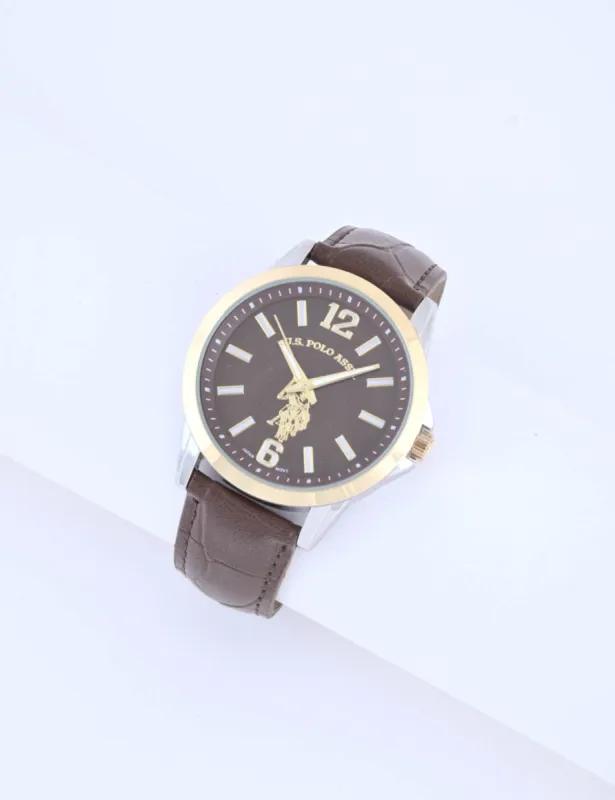MEN'S BROWN CROC STRAP WITH GOLD ACCENT WATCH sold by U.S. Polo Assn.