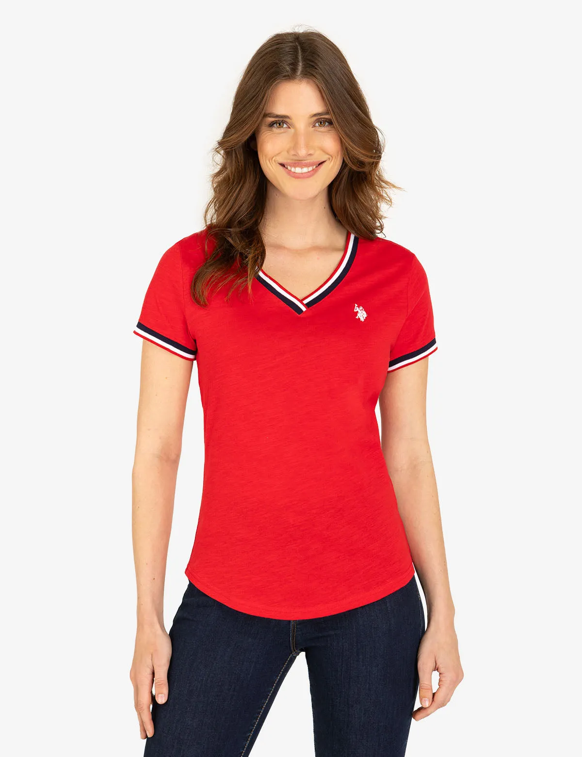 V-NECK SIGNATURE STRIPE TRIM T-SHIRT sold by U.S. Polo Assn.