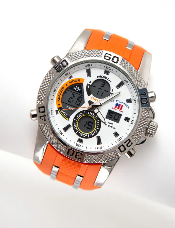 ORANGE RESIN AND SILVER LINK ANA-DIGI WATCH sold by U.S. Polo Assn.