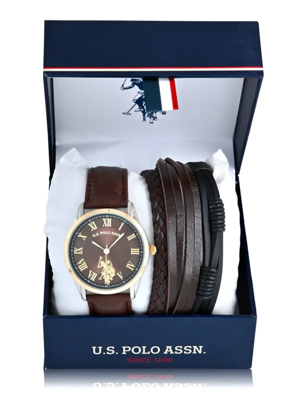 MENS BROWN STRAP WATCH AND BRACELETS SET sold by U.S. Polo Assn.