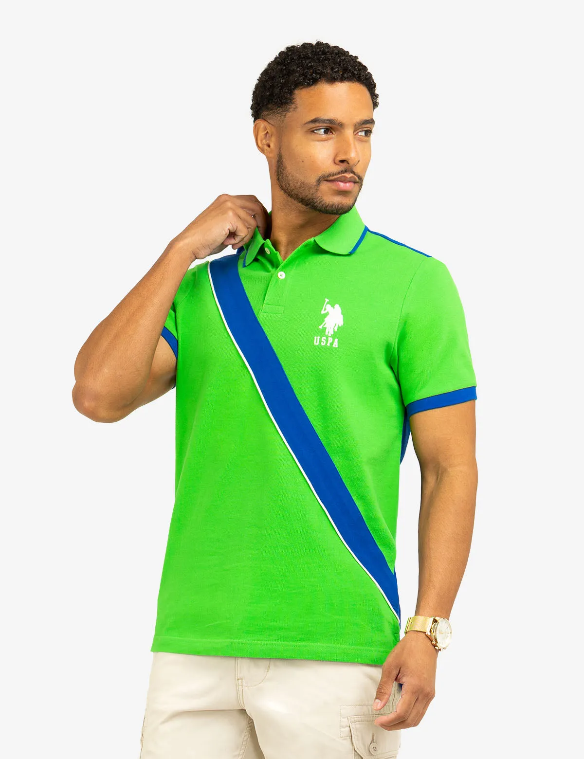 COLOR BLOCK SASH FRONT PIQUE POLO SHIRT sold by U.S. Polo Assn.