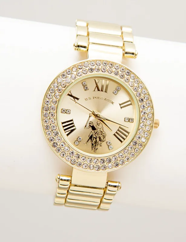 LADIES GOLDTONE WATCH WITH CRYSTAL ENCRUSTED BEZEL sold by U.S. Polo Assn.