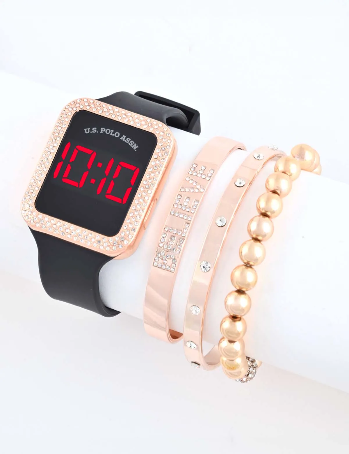 LADIES LED SQUARE EMBELLISHED WATCH & BRACELETS SET sold by U.S. Polo Assn.