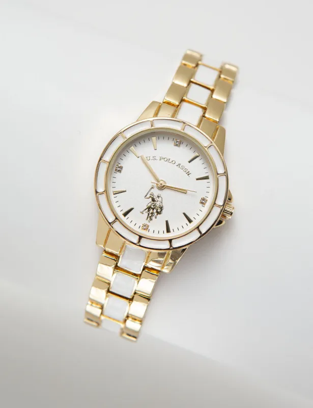Ladies Goldtone and White Enamel Bracelet Watch sold by U.S. Polo Assn.