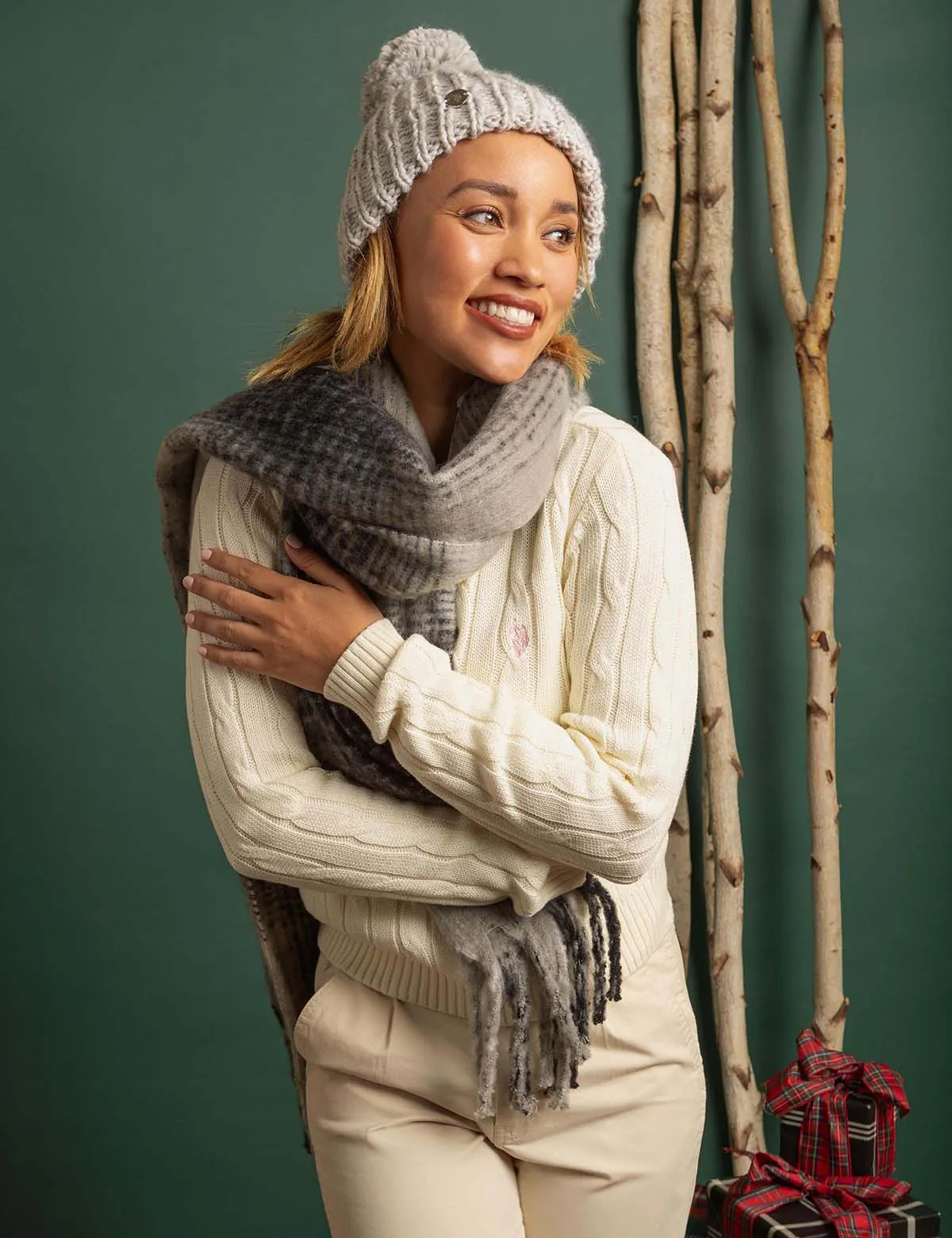 WOMENS POM POM BEANIE AND PLAID SCARF SET sold by U.S. Polo Assn. product image thumbnail 3