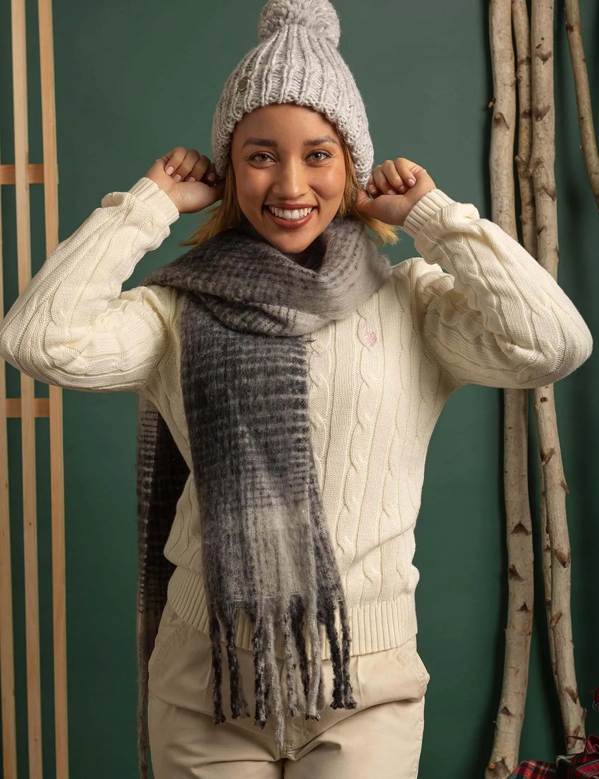 WOMENS POM POM BEANIE AND PLAID SCARF SET sold by U.S. Polo Assn.