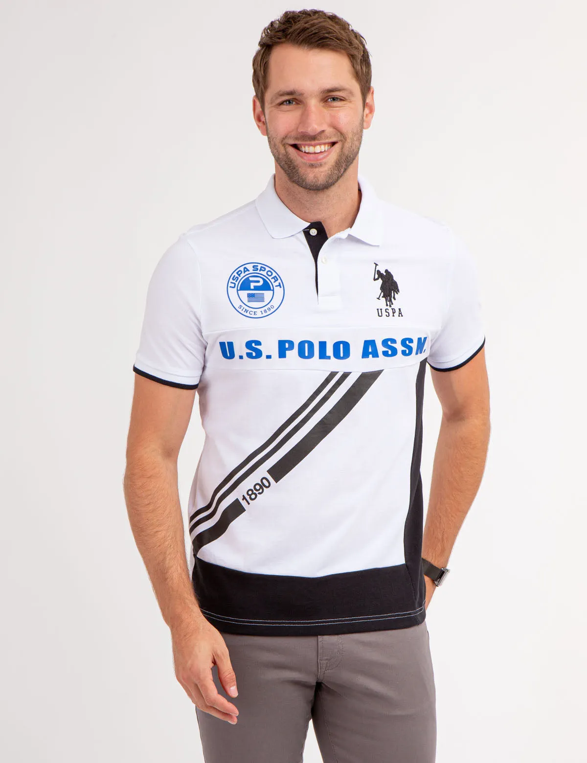 DIAGONAL GRAPHIC PIECED PIQUE POLO SHIRT sold by U.S. Polo Assn.