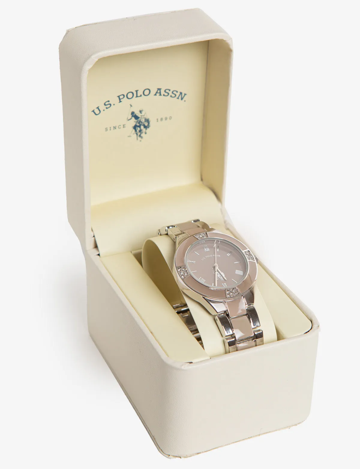 LADIES SILVERTONE & TAUPE LINK BRACELET WATCH sold by U.S. Polo Assn. product image thumbnail 2