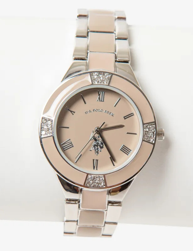 LADIES SILVERTONE & TAUPE LINK BRACELET WATCH sold by U.S. Polo Assn.