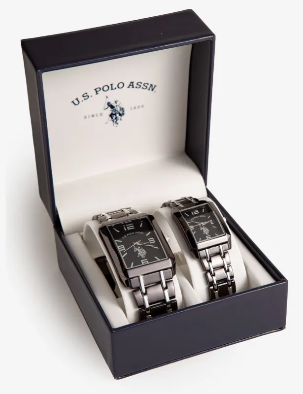 HIS AND HERS GUN METAL RECTANGULAR WATCH SET sold by U.S. Polo Assn.