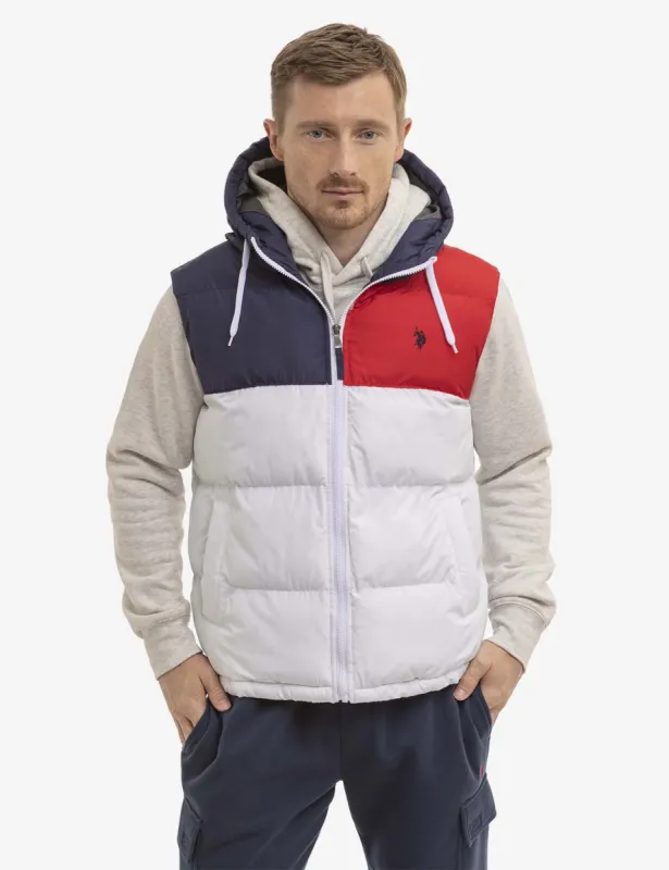 TRI COLORBLOCK HOODED PUFFER VEST sold by U.S. Polo Assn.