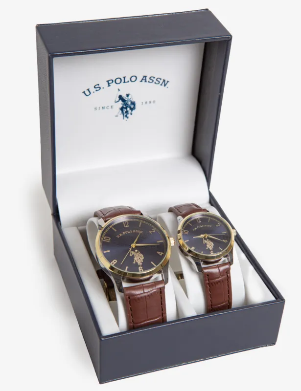 HIS AND HERS BROWN STRAP BLUE DIAL WATCH SET sold by U.S. Polo Assn.