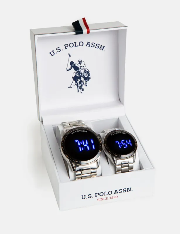 HIS AND HERS SILVER BRACELET BLUE LED WATCH SET sold by U.S. Polo Assn.