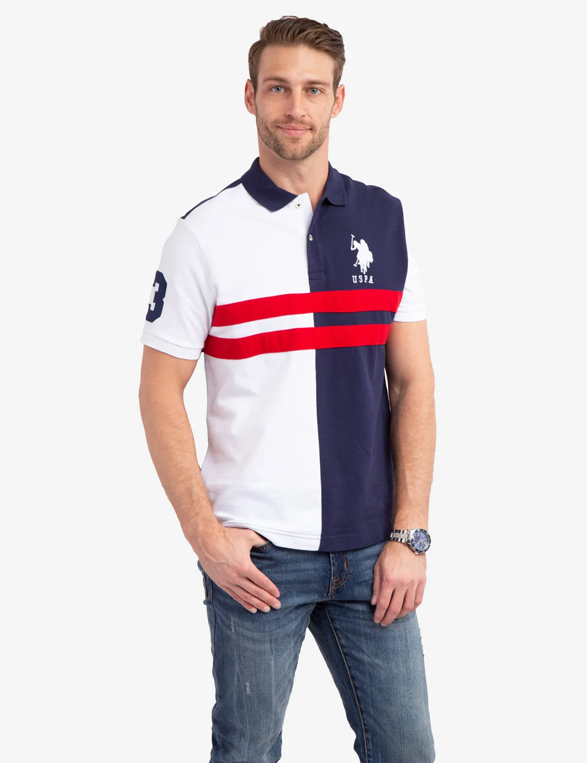 COLORBLOCK CHEST STRIPE PIQUE POLO SHIRT sold by U.S. Polo Assn.