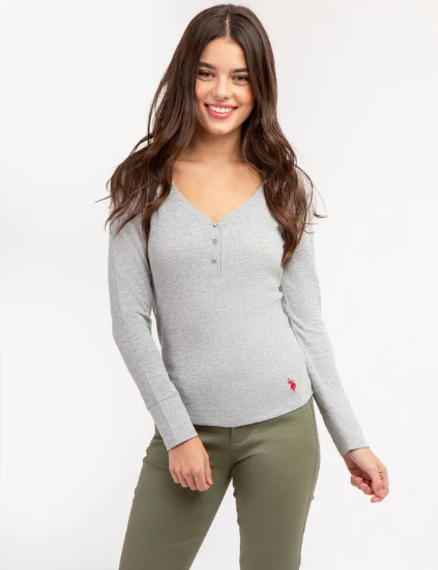 LONG SLEEVE WAFFLE KNIT HENLEY TOP WITH RHINESTONE BUTTONS sold by U.S. Polo Assn.