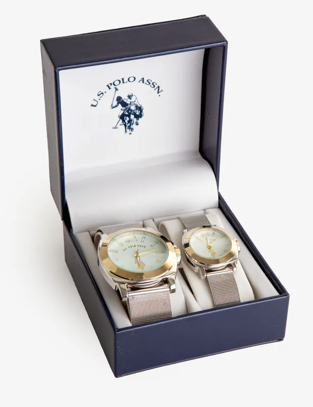 HIS AND HER'S MESH STRAP WITH GOLD BEZEL WATCH SET sold by U.S. Polo Assn.