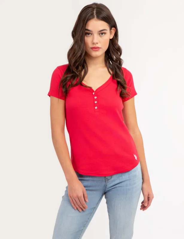 RHINESTONE BUTTON SHORT SLEEVE HENLEY sold by U.S. Polo Assn.
