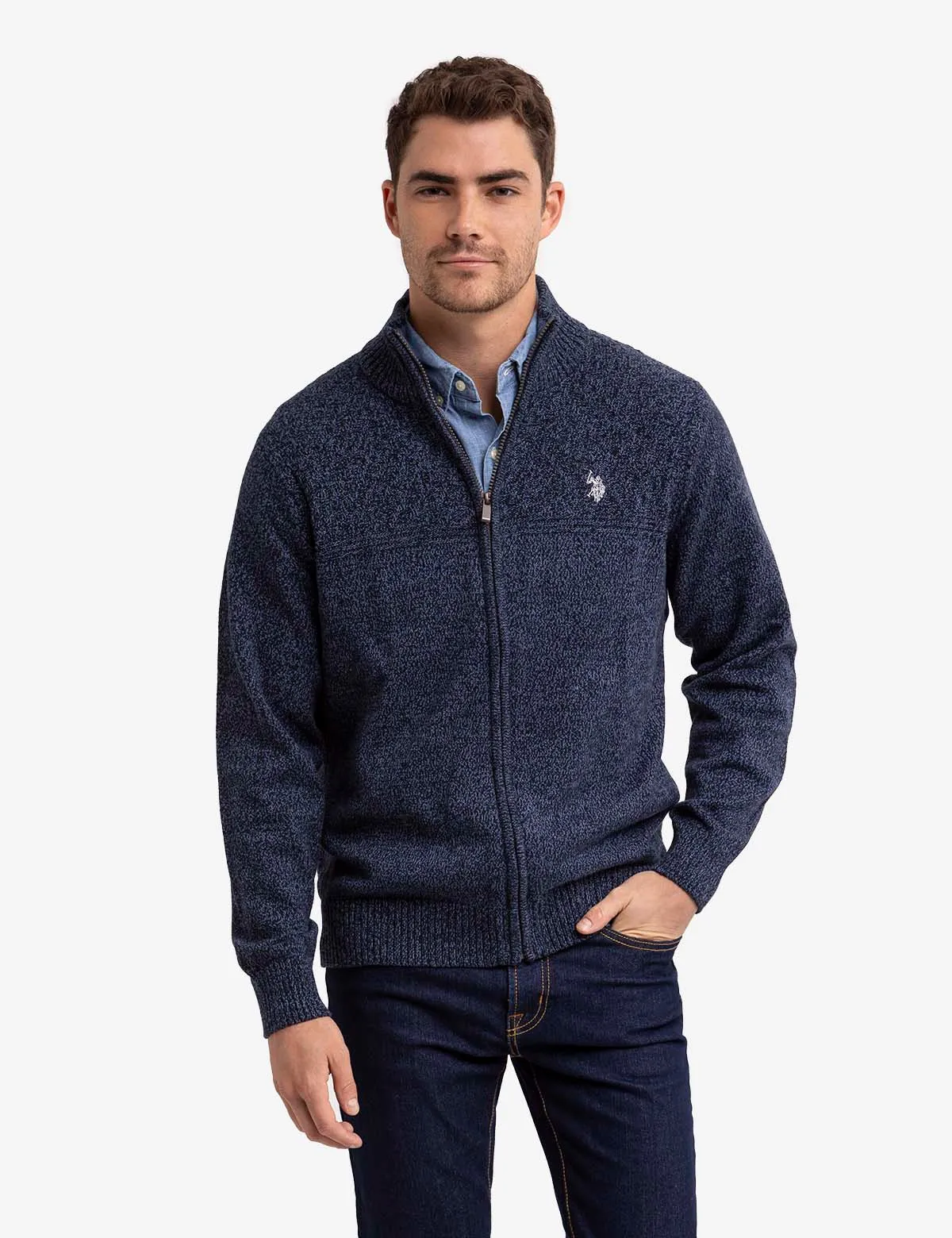 TEXTURED YOKE FULL ZIP SWEATER sold by U.S. Polo Assn.