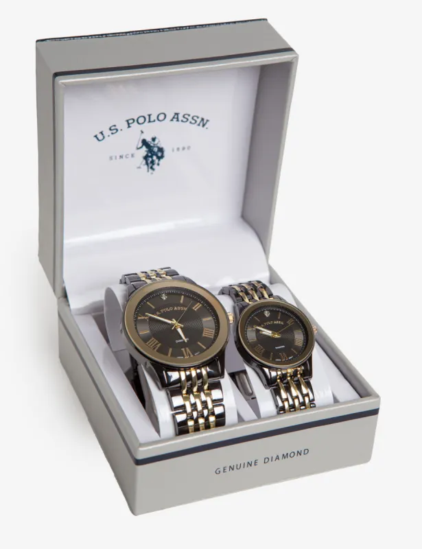 HIS AND HERS BLACK AND GOLD DIAMOND WATCH SET sold by U.S. Polo Assn.