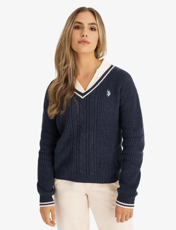 TIPPED CABLE V-NECK SWEATER sold by U.S. Polo Assn.