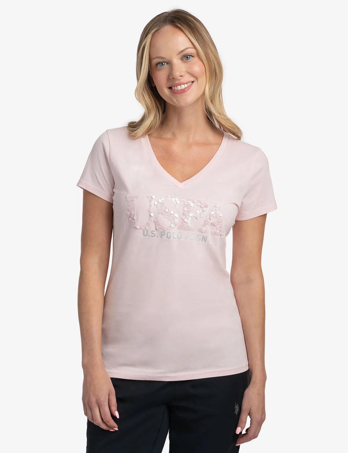 MIXED SEQUINS V-NECK JERSEY T-SHIRT sold by U.S. Polo Assn.