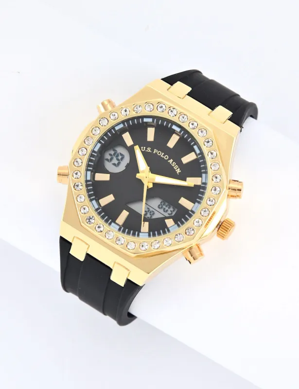 LADIES BLACK AND GOLD EMBELLISHED ANA DIGI WATCH sold by U.S. Polo Assn.