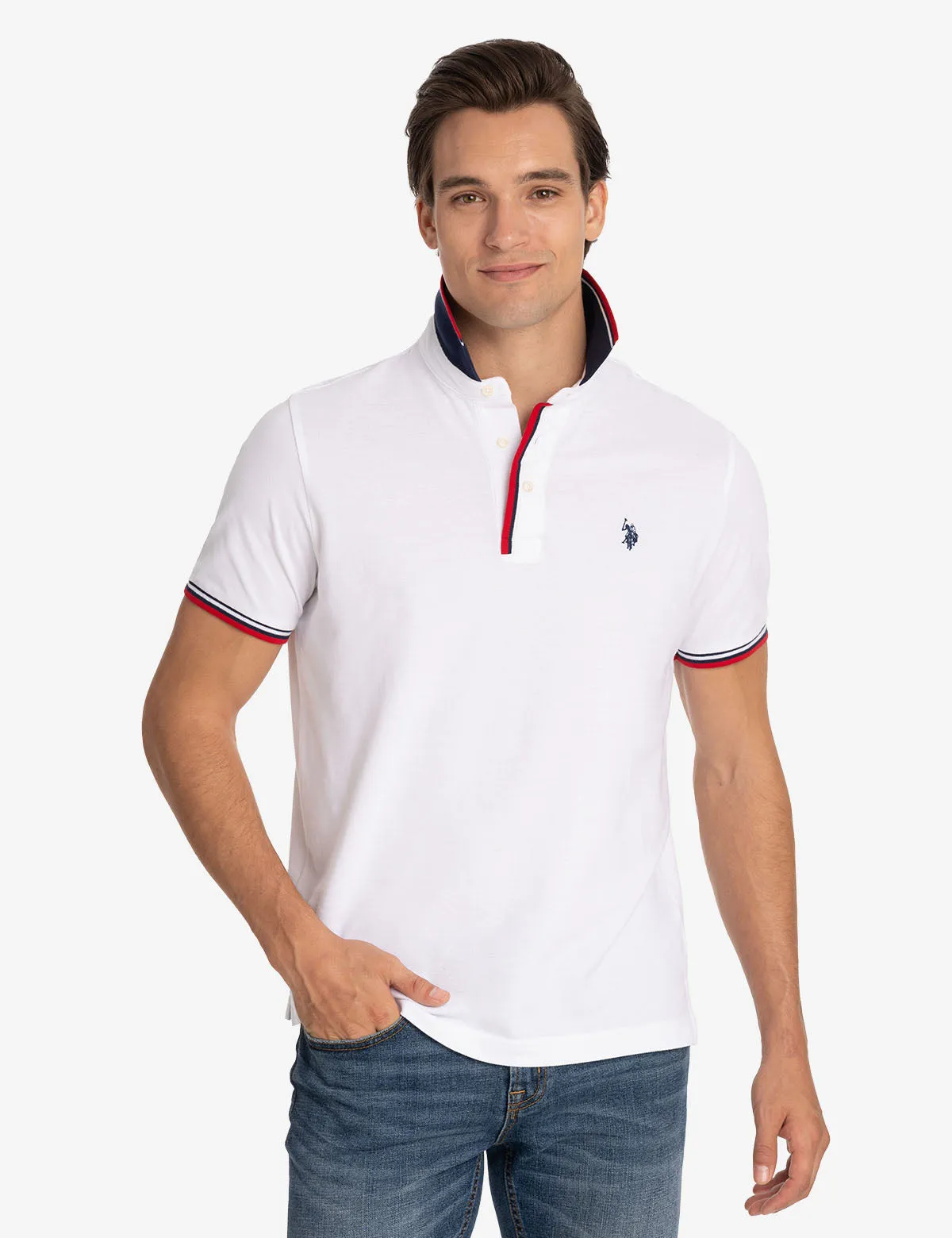 SIGNATURE STRIPE RIB TIPPED TRIM POLO SHIRT sold by U.S. Polo Assn.