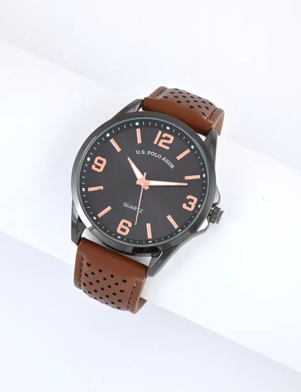 MENS PERFORATED BROWN STRAP ANALOG WATCH sold by U.S. Polo Assn.