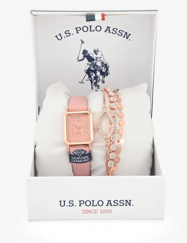 LADIES PINK SQUARE WATCH AND BRACELETS SET sold by U.S. Polo Assn.