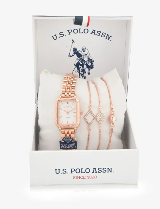 LADIES ROSE GOLD SQUARE WATCH AND BRACELETS SET sold by U.S. Polo Assn.