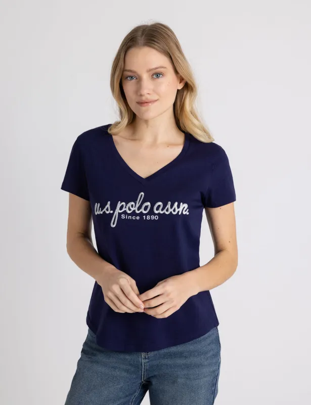 METALLIC SCRIPT V-NECK T-SHIRT sold by U.S. Polo Assn.