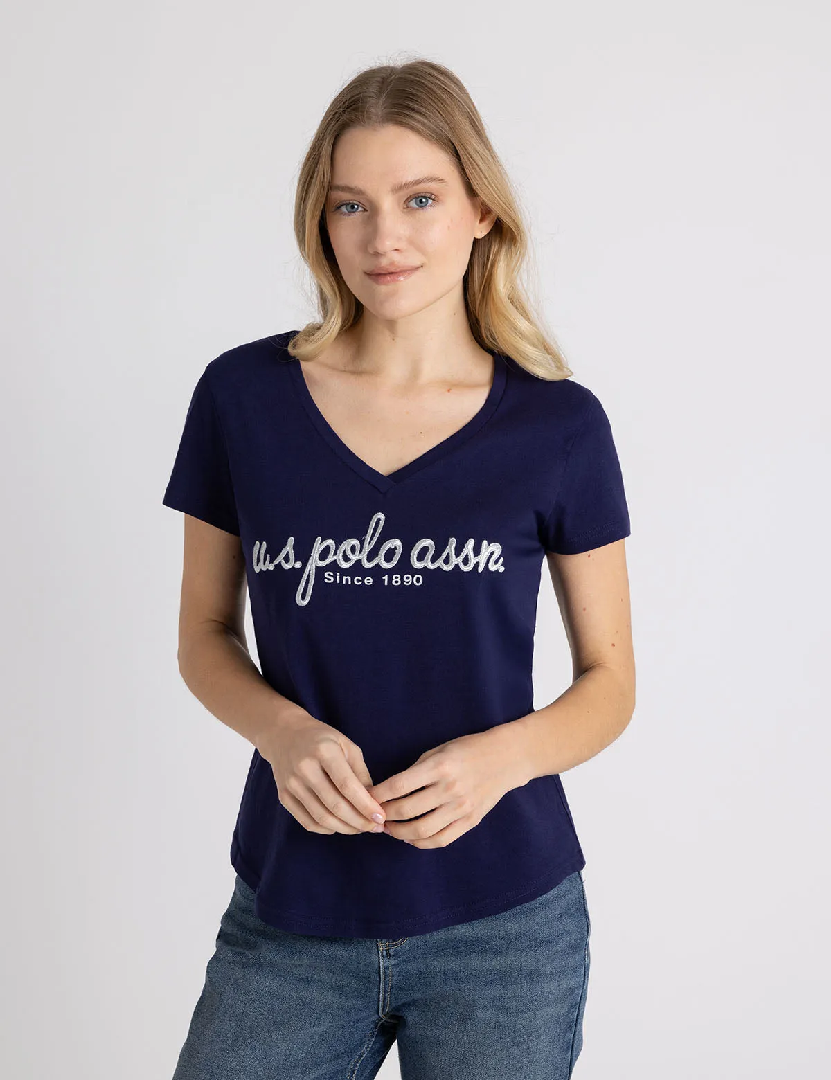 METALLIC SCRIPT V-NECK T-SHIRT sold by U.S. Polo Assn.