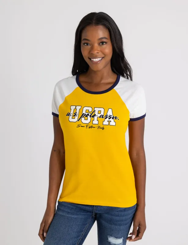 FLOCKED SCRIPT RAGLAN RINGER T-SHIRT sold by U.S. Polo Assn.
