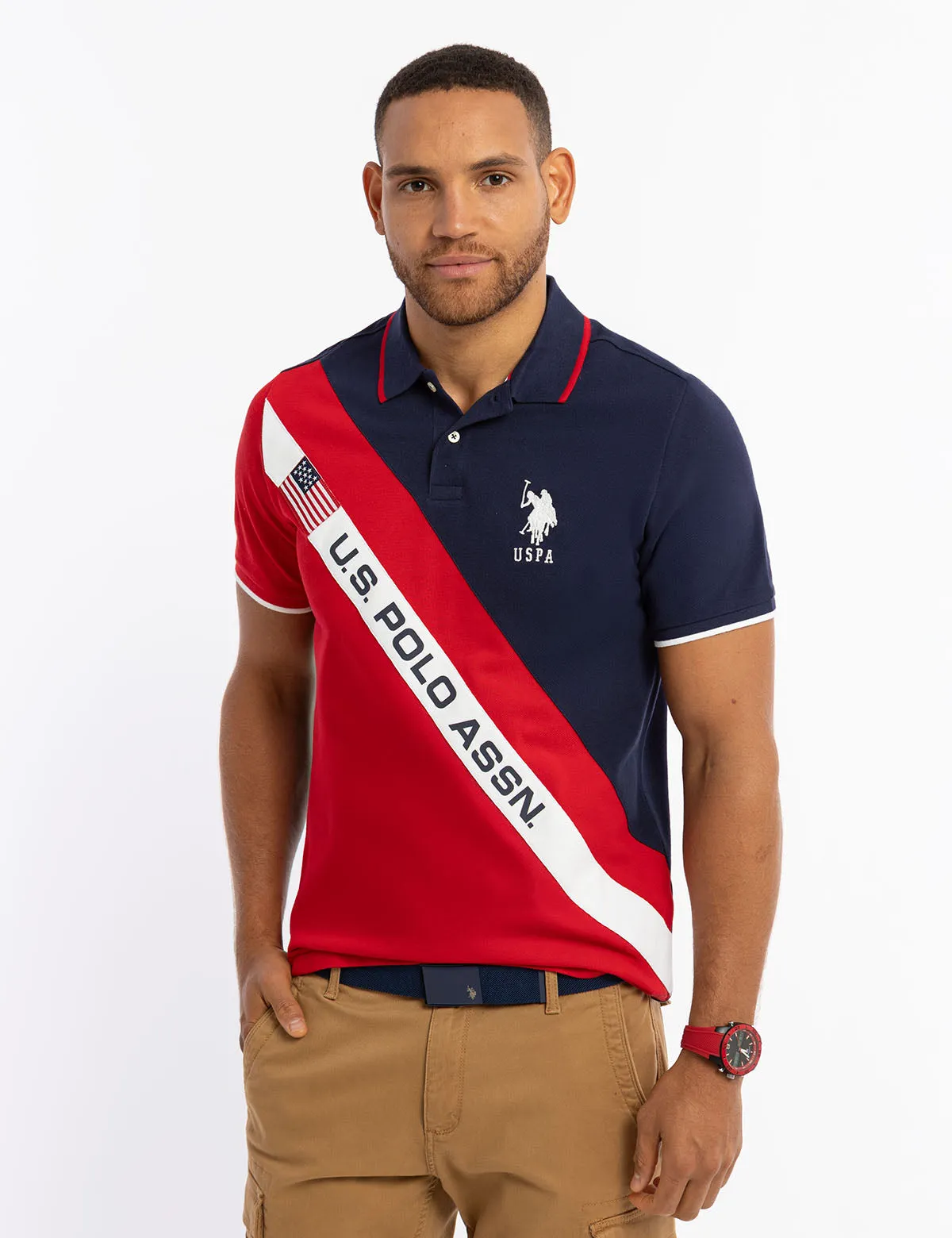 DIAGONAL COLOR BLOCK FLAG PIQUE POLO SHIRT sold by U.S. Polo Assn.