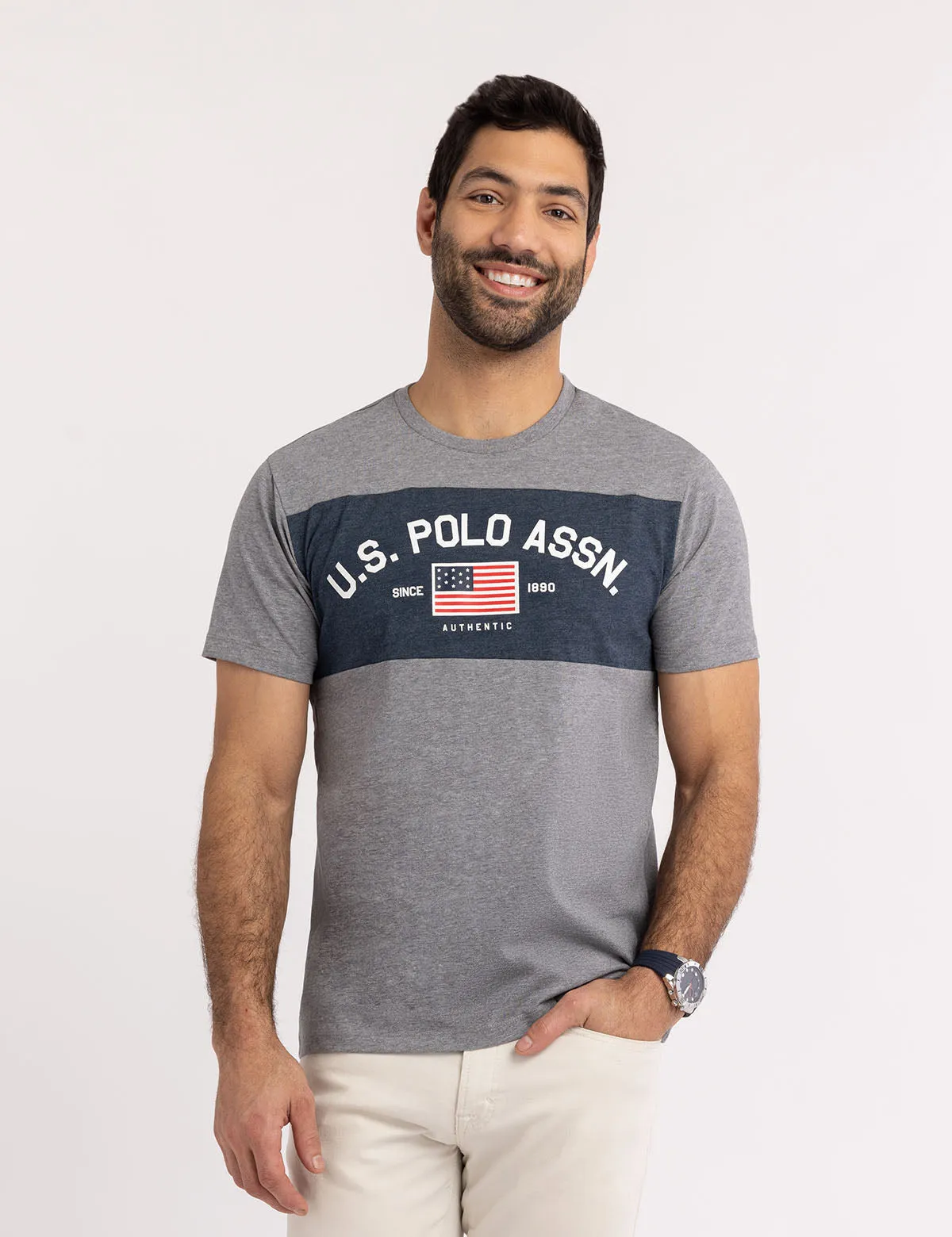 COLOR BLOCK FLAG PRINT JERSEY T-SHIRT sold by U.S. Polo Assn.