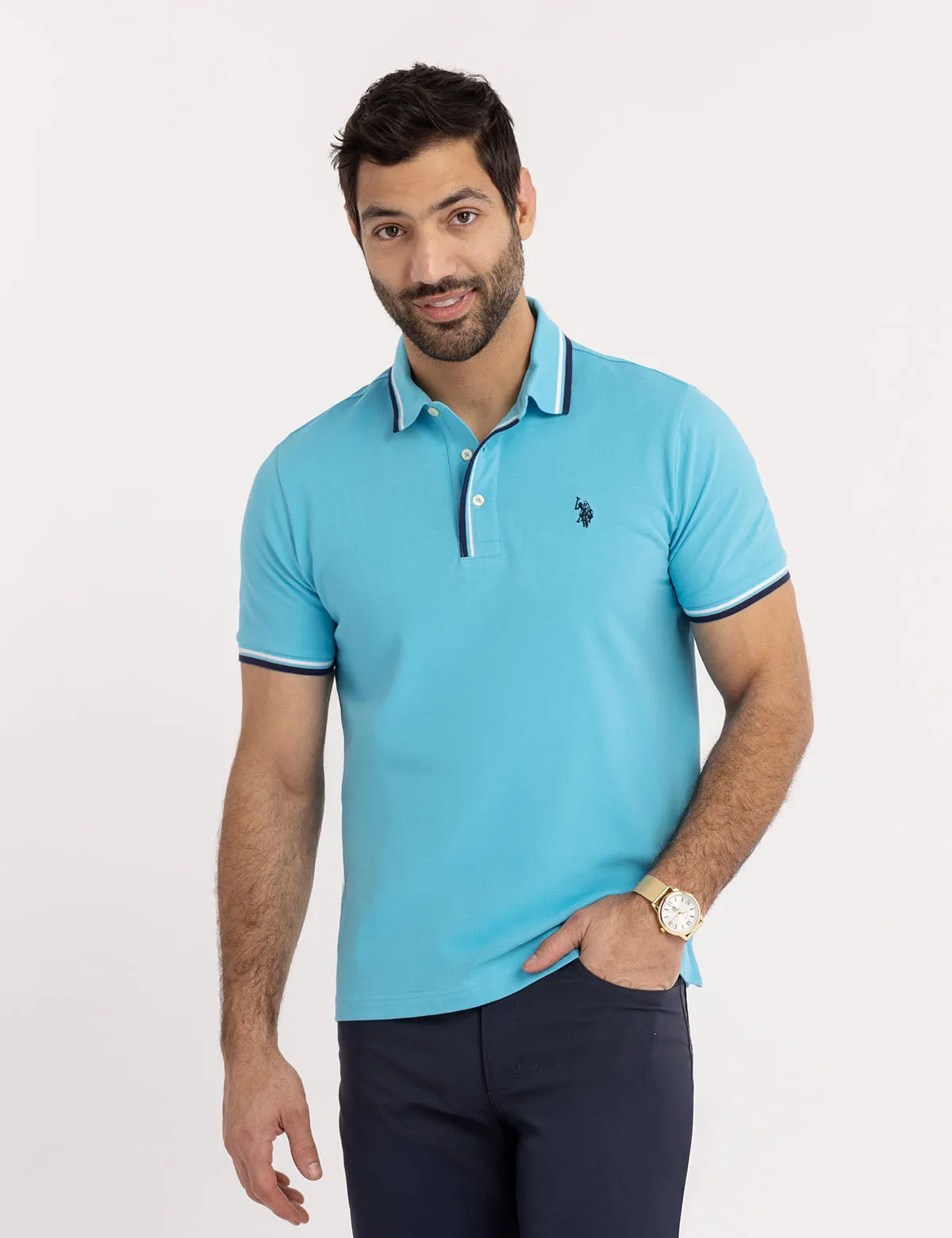 SIGNATURE STRIPE RIB TIPPED TRIM POLO SHIRT sold by U.S. Polo Assn.