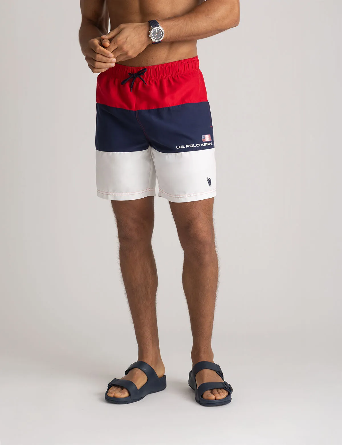 7" TRI COLOR BLOCK SWIM SHORTS sold by U.S. Polo Assn.