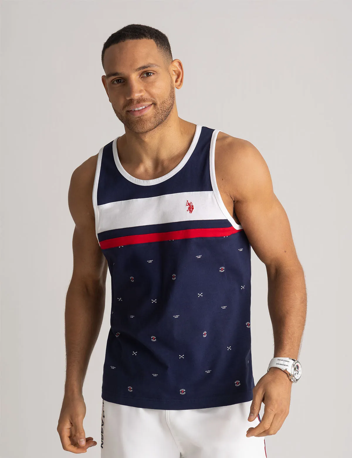 ALL OVER PRINT COLOR BLOCK JERSEY MUSCLE TANK sold by U.S. Polo Assn.